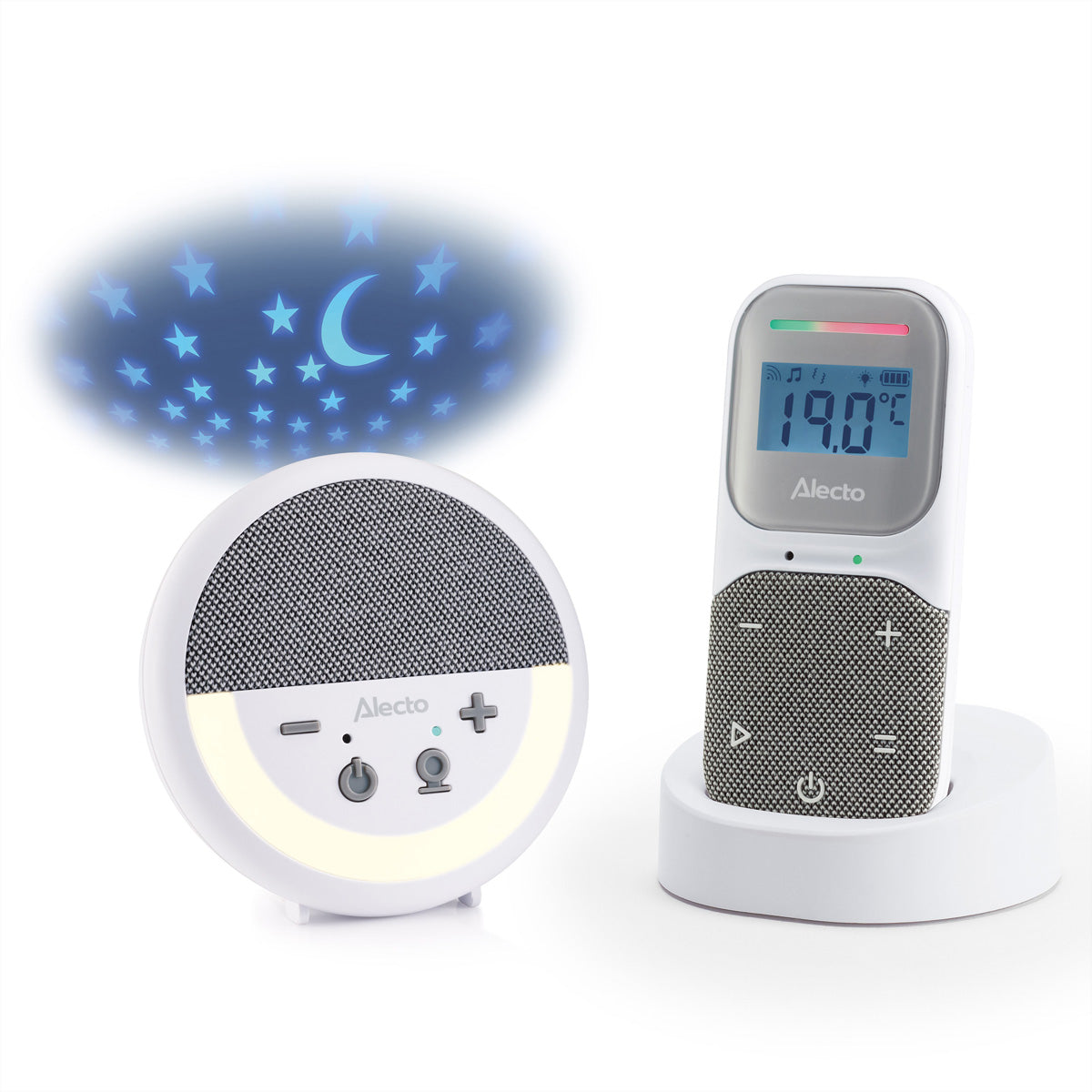 Alecto DBX150 – DECT-Babyphone, 2-Wege-Audio, Nachtlicht, Reichweite 50 m/300 m, Akku 16 h, Hygrometer