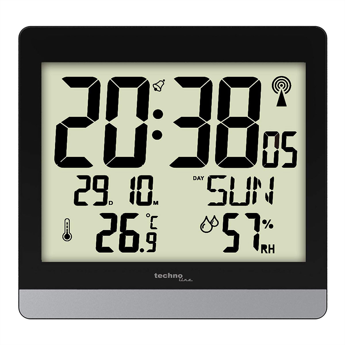 Technoline WS8014 – Digitaler Wecker, Funk, Schlummerfunktion, Thermometer & Hygrometer, 20 × 18,9 × 2,9 cm, Schwarz/Silber