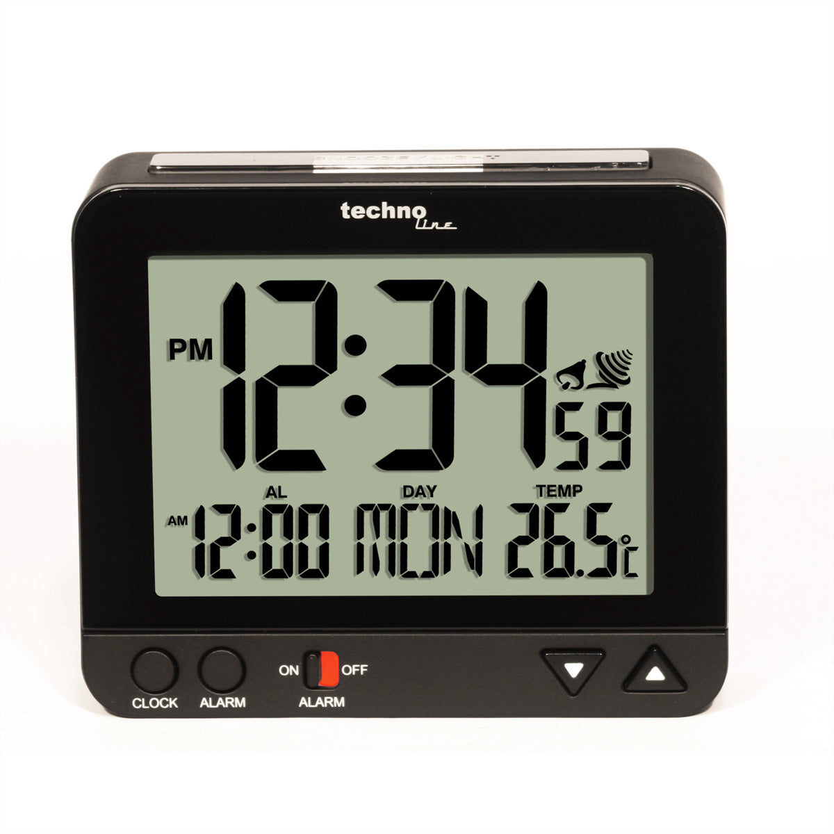 Technoline Digitalwecker – Funk, Schlummerfunktion, Nachtlicht, Thermometer, 9,6 × 8 × 3,2 cm, Schwarz