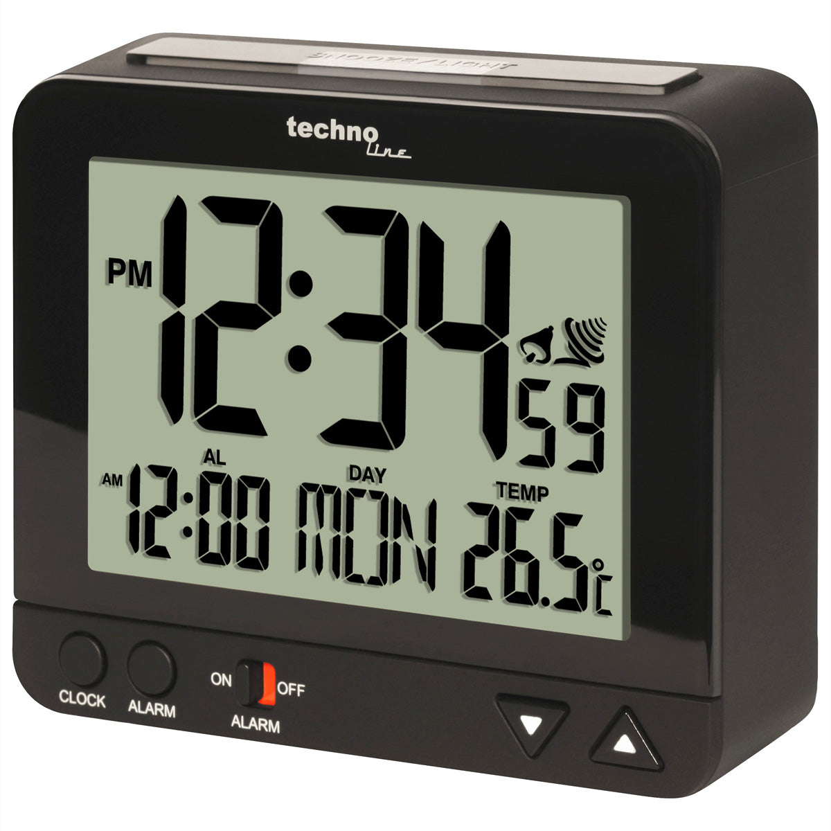Technoline Digitalwecker – Funk, Schlummerfunktion, Nachtlicht, Thermometer, 9,6 × 8 × 3,2 cm, Schwarz
