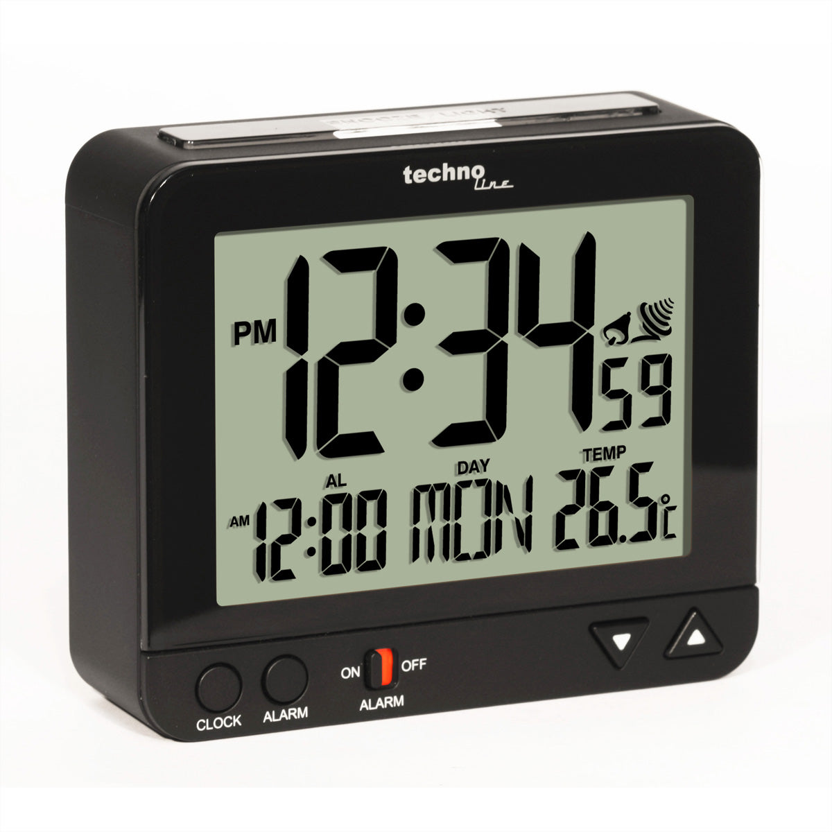 Technoline Digitalwecker – Funk, Schlummerfunktion, Nachtlicht, Thermometer, 9,6 × 8 × 3,2 cm, Schwarz