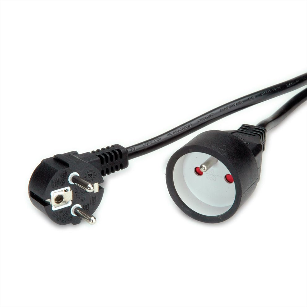 VALUE Verlängerungskabel – Schuko (CEE 7/7, abgewinkelt) – Schuko (CEE 7/7, gerade), 10 m, 1,5 mm², H05VV-F, schwarz