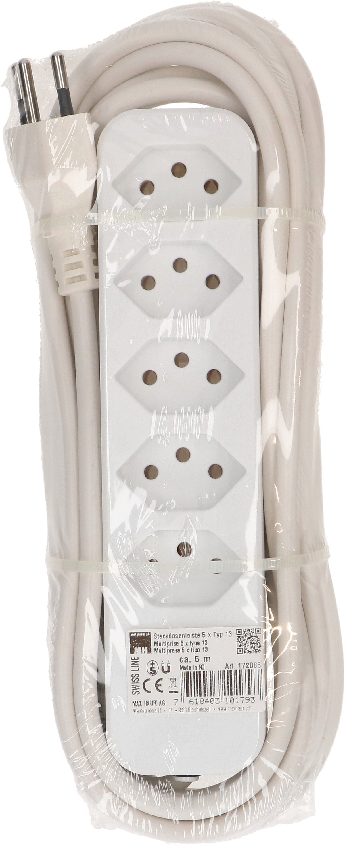 Max hauri split Swiss Line – Steckdosenleiste, 5× T13, 5,0 m, Stecker T12, mit Überstromschutz, weiss