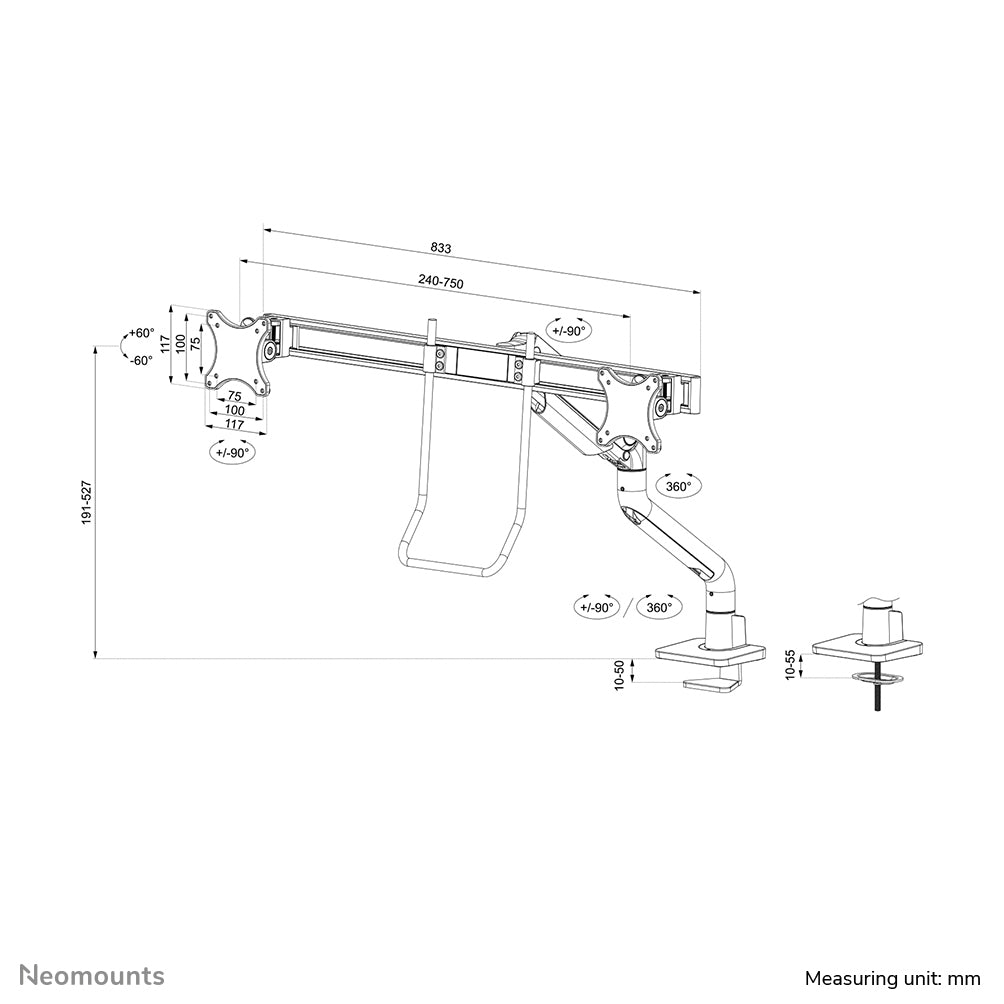 Neomounts Ds75S Ds75S-950Wh2 – Monitorarm, Dual, Tischklemme/Tischdurchführung, bis 32"