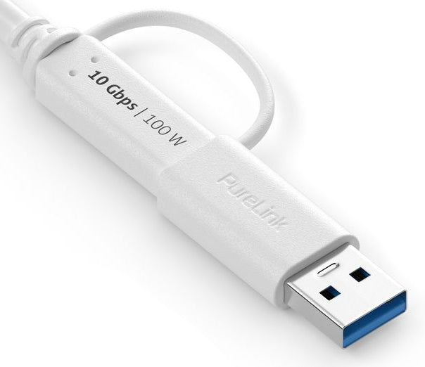 PureLink USB-C auf USB-A Kabel – USB 3.2 Gen 2 (10 Gbit/s) – 1 m – PD 100 W – 4K/60 – Goldstecker – Weiss