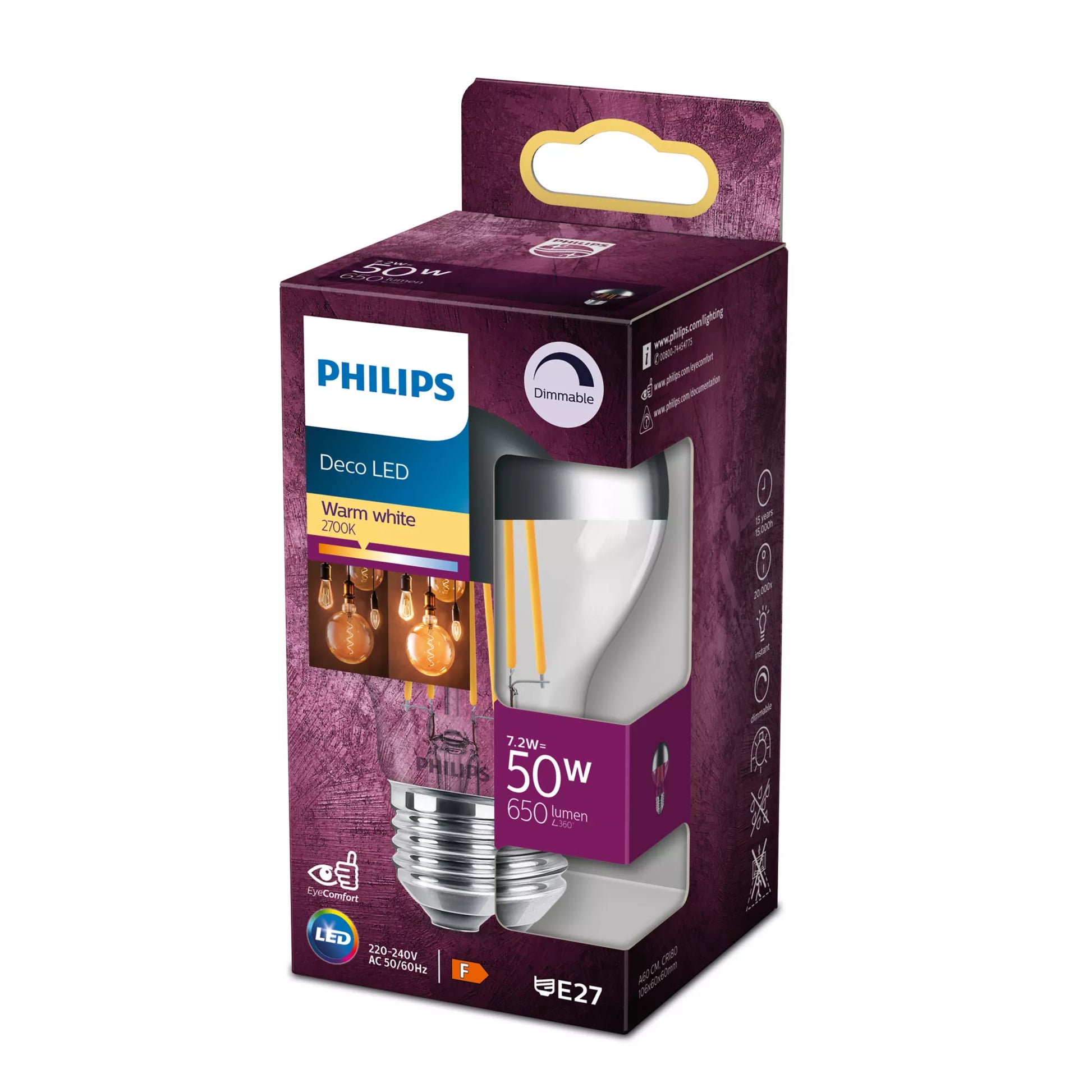Philips by Signify Philips LED-Leuchtmittel E27 A-Form – Warmweiss 2700 K, 650 lm, 7,2 W, dimmbar – Transparent, Glas – 1 Stk.