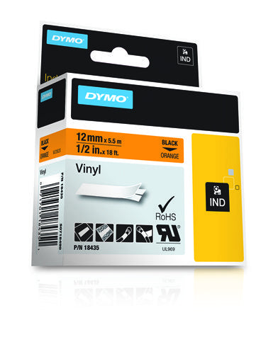 DYMO Schriftband – 12 mm × 5,5 m, orange, schwarz, Rhino