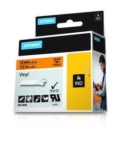 DYMO Schriftband – 12 mm × 5,5 m, orange, schwarz, Rhino