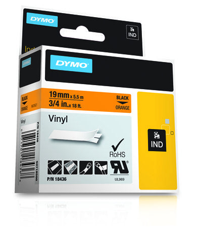 DYMO Schriftband – 19 mm × 5,5 m, orange, schwarz – für DYMO Rhino: 3000, 4200, 5000 und weitere