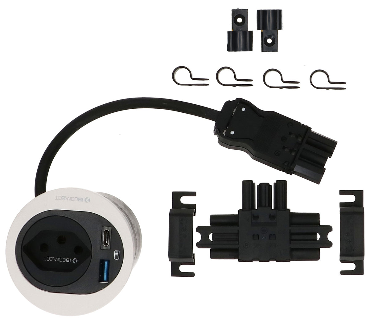 Max hauri connect Max Hauri ATOM Einbausteckdosenleiste, 1×T13, 1×USB‑A 10 W + 1×USB‑C 7,5 W, Einbau Ø 60 mm, 10–40 mm – weiss