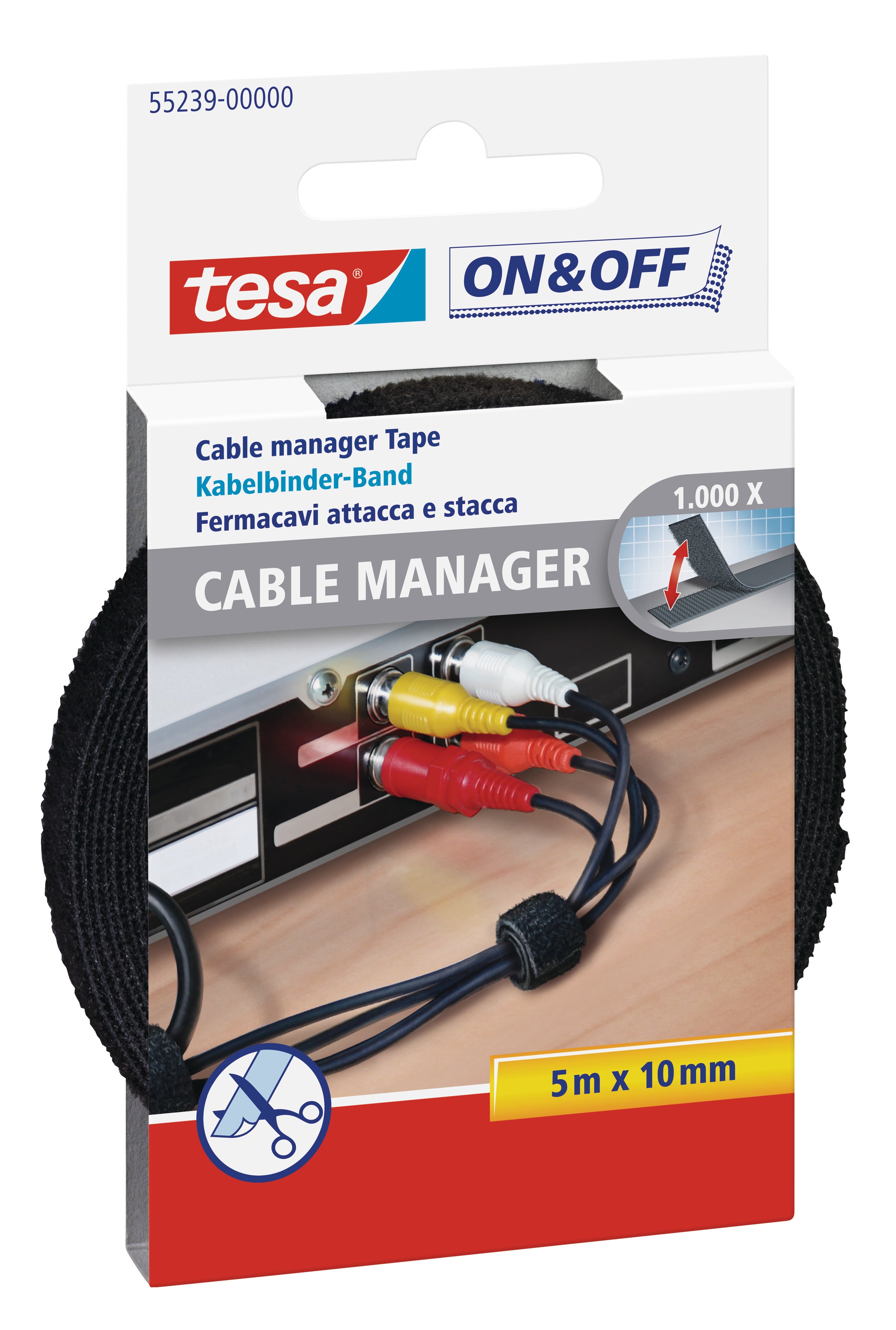 TESA Klett-Kabelbinder – 10 mm × 5 m – Schwarz – Zuschneidbar, Wiederverwendbar