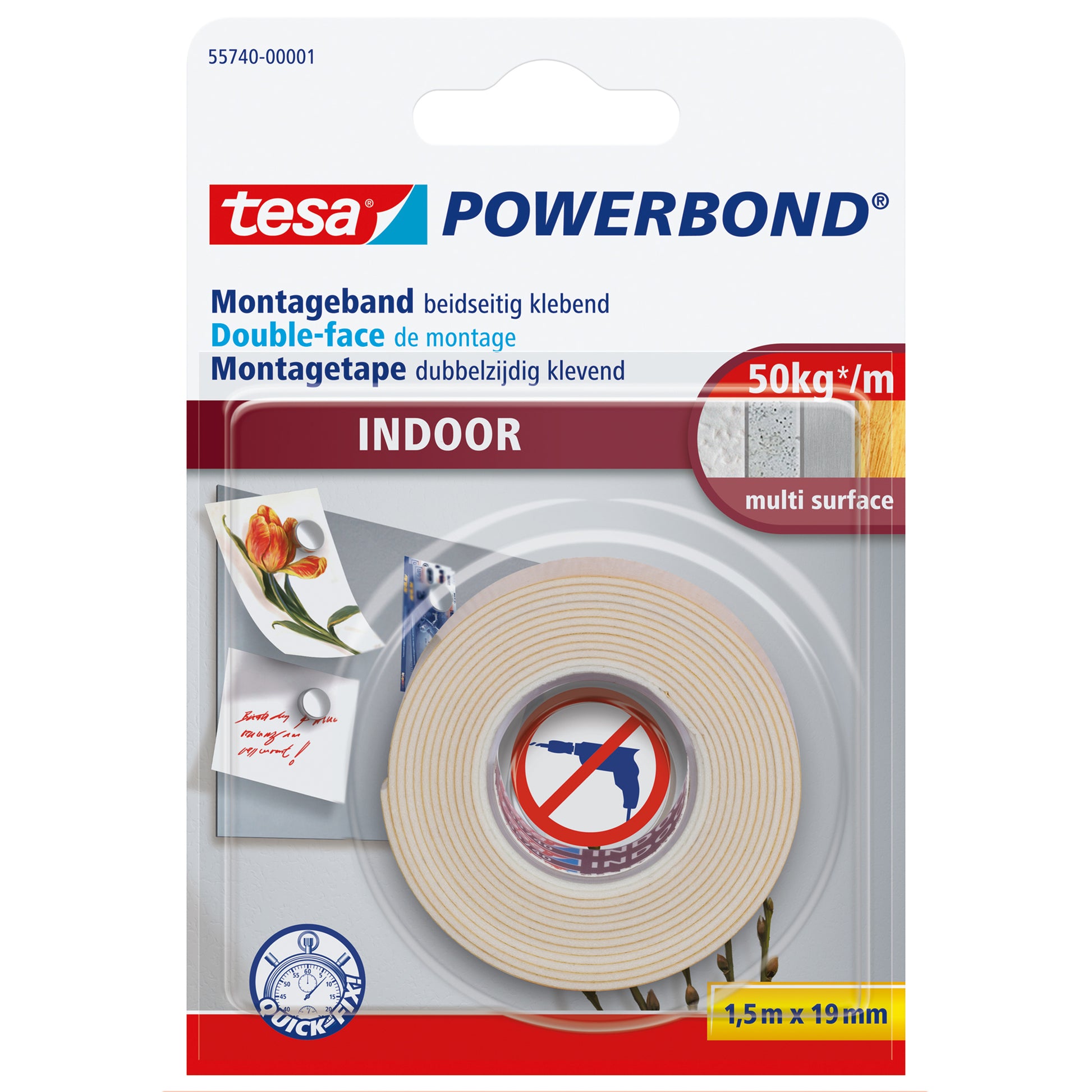 Tesa Powerbond Montageband, stark, für den Innenbereich, für glatte Oberflächen – 19 mm × 1,5 m, weiss, bis 5 kg/10 cm