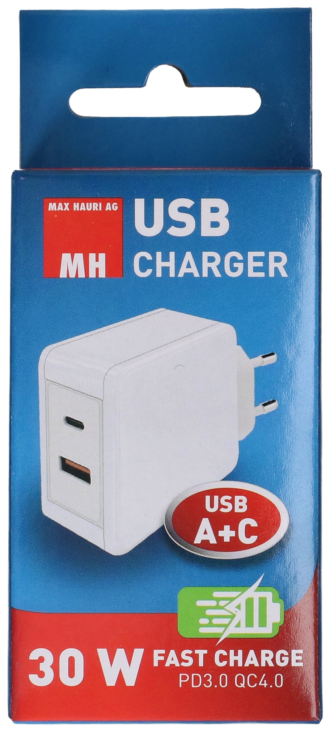 Max Hauri AG USB-Ladegerät 30 W – USB-C×1, USB-A×1 – PD 3.0, QC 4 – EU-Stecker (Typ C) – Weiss