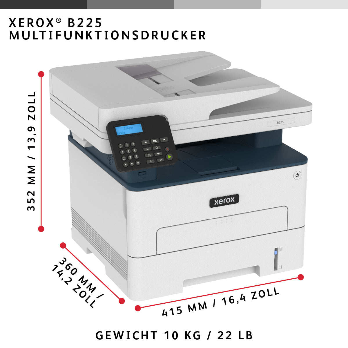 Xerox B225 – SW Laser-Multifunktionsdrucker, A4, 3-in-1, Duplex, ADF, WLAN/LAN, AirPrint, Mopria