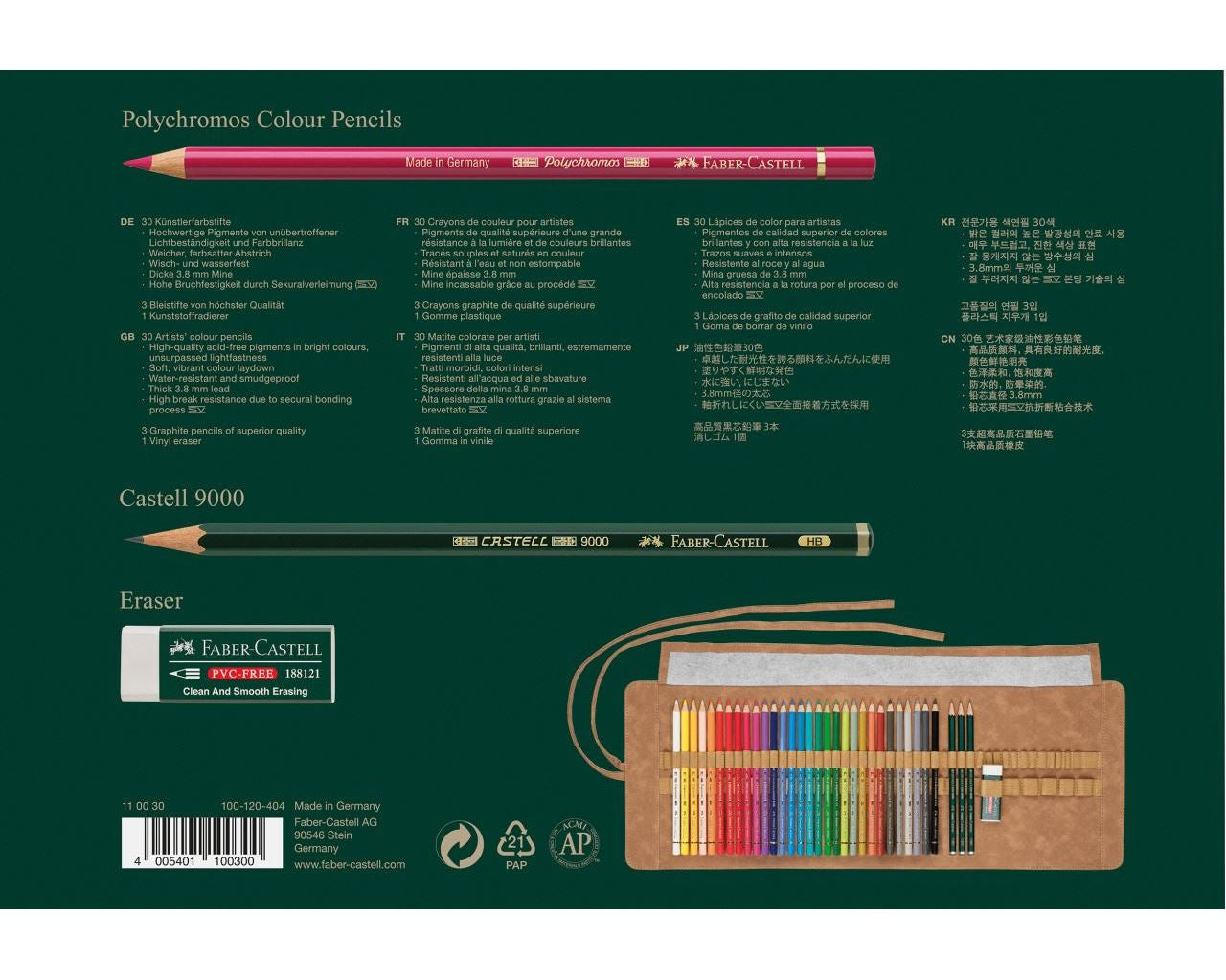 Faber-Castell Polychromos Buntstifte 34er-Stifterolle – bruchfeste Mine, rund, Ø 3,8 mm