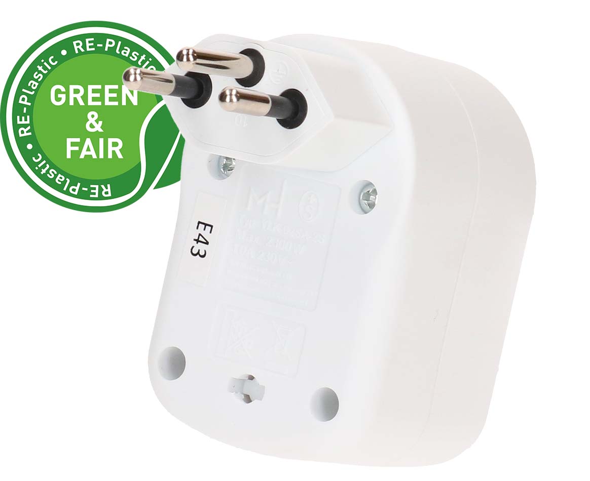 Max Hauri AG ADAPT Abzweigstecker – 2× Typ 13, 230 V / 10 A, 2300 W, drehbar 270° – Weiss