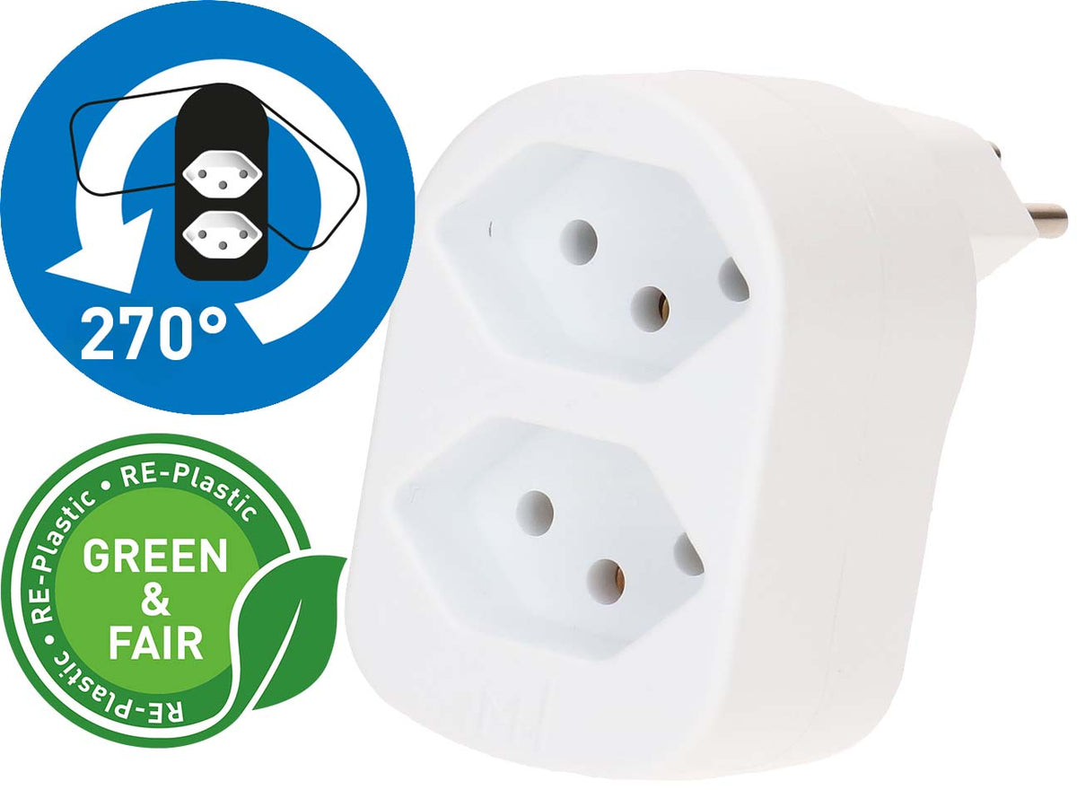 Max Hauri AG ADAPT Abzweigstecker – 2× Typ 13, 230 V / 10 A, 2300 W, drehbar 270° – Weiss