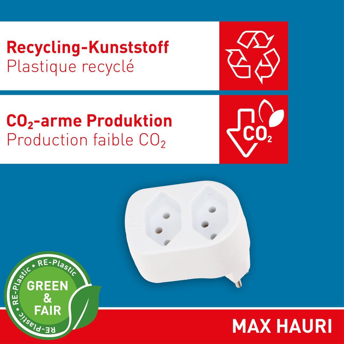Max Hauri AG ADAPT Abzweigstecker – 2× Typ 13, 230 V / 10 A, 2300 W, drehbar 270° – Weiss