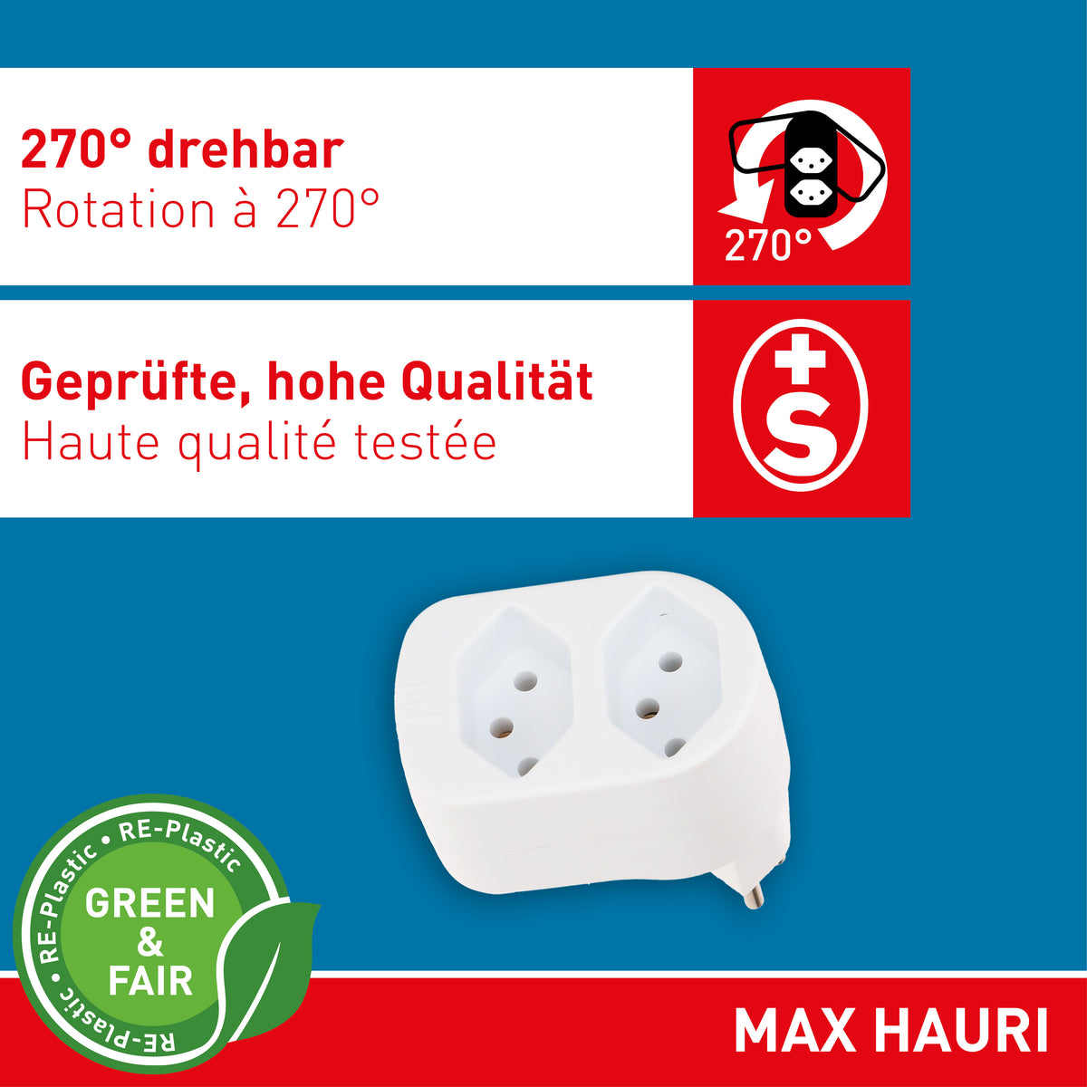 Max Hauri AG ADAPT Abzweigstecker – 2× Typ 13, 230 V / 10 A, 2300 W, drehbar 270° – Weiss