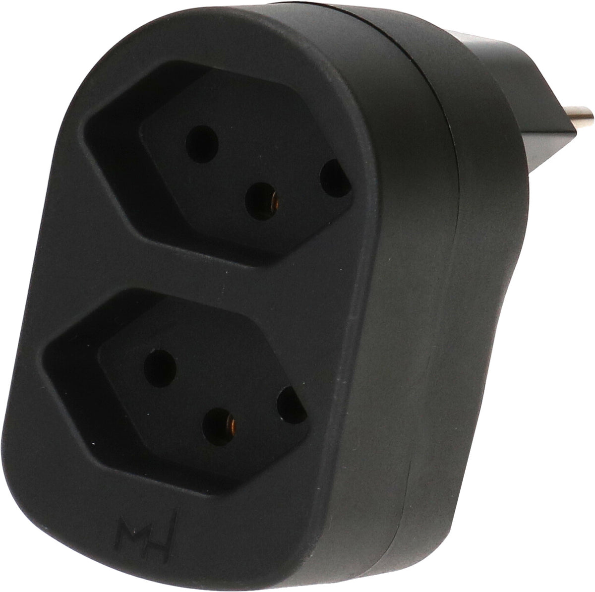 Max Hauri AG Abzweigstecker – Typ 12 zu 2× Typ 13, 230 V, 10 A, 2 Steckplätze, drehbar, Schwarz