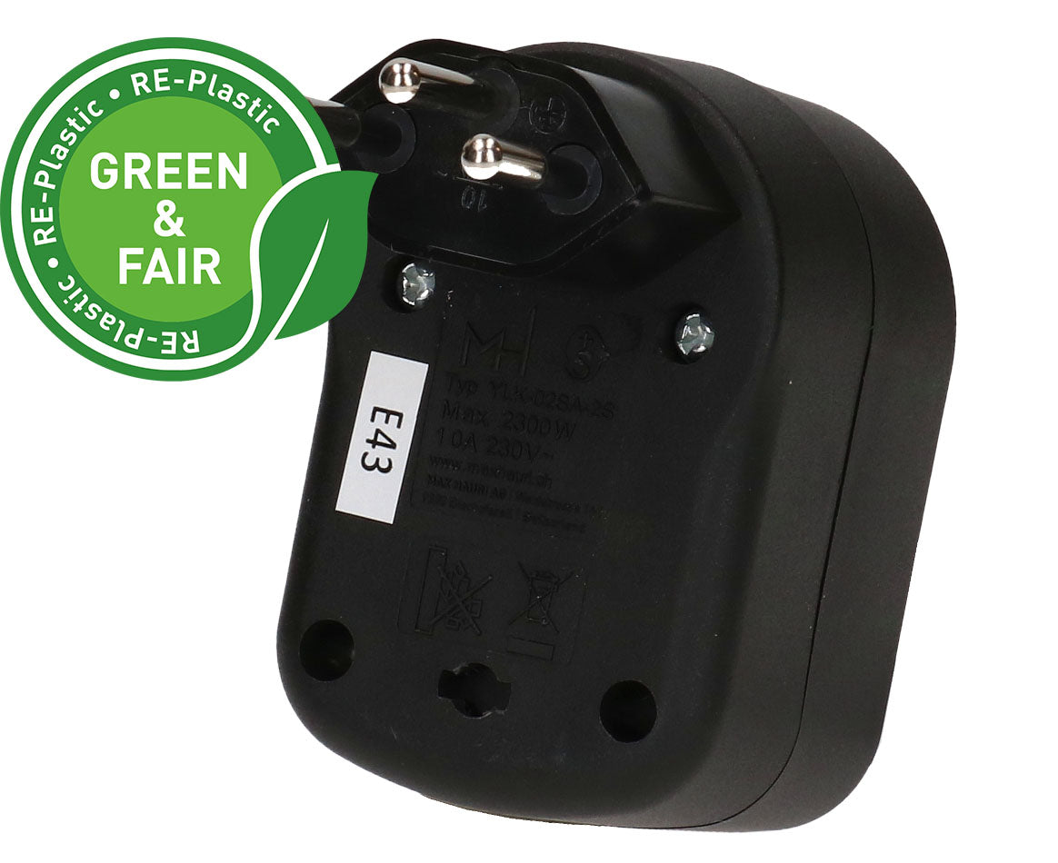 Max Hauri AG Abzweigstecker – Typ 12 zu 2× Typ 13, 230 V, 10 A, 2 Steckplätze, drehbar, Schwarz