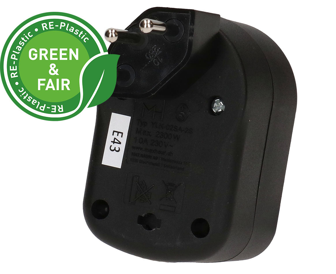 Max Hauri AG Abzweigstecker – Typ 12 zu 2× Typ 13, 230 V, 10 A, 2 Steckplätze, drehbar, Schwarz