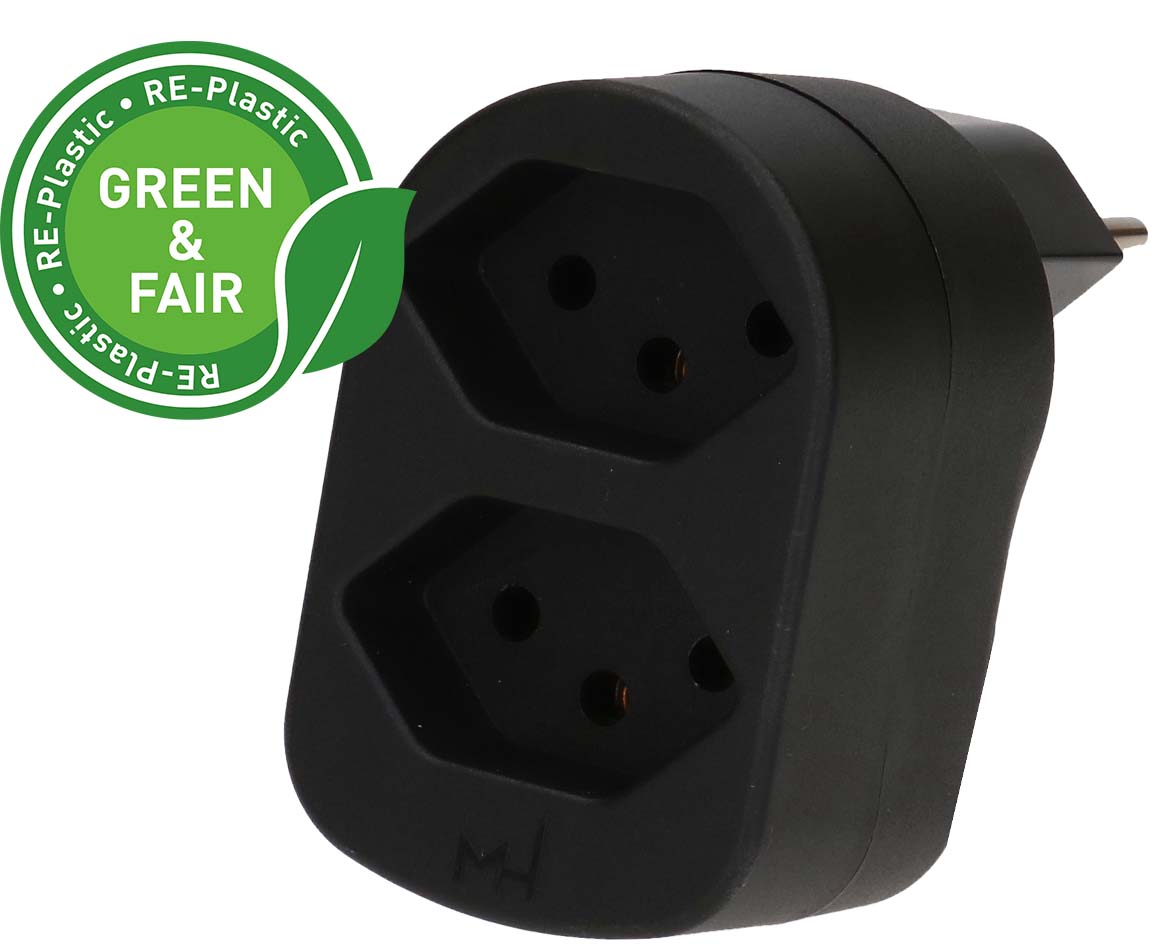 Max Hauri AG Abzweigstecker – Typ 12 zu 2× Typ 13, 230 V, 10 A, 2 Steckplätze, drehbar, Schwarz