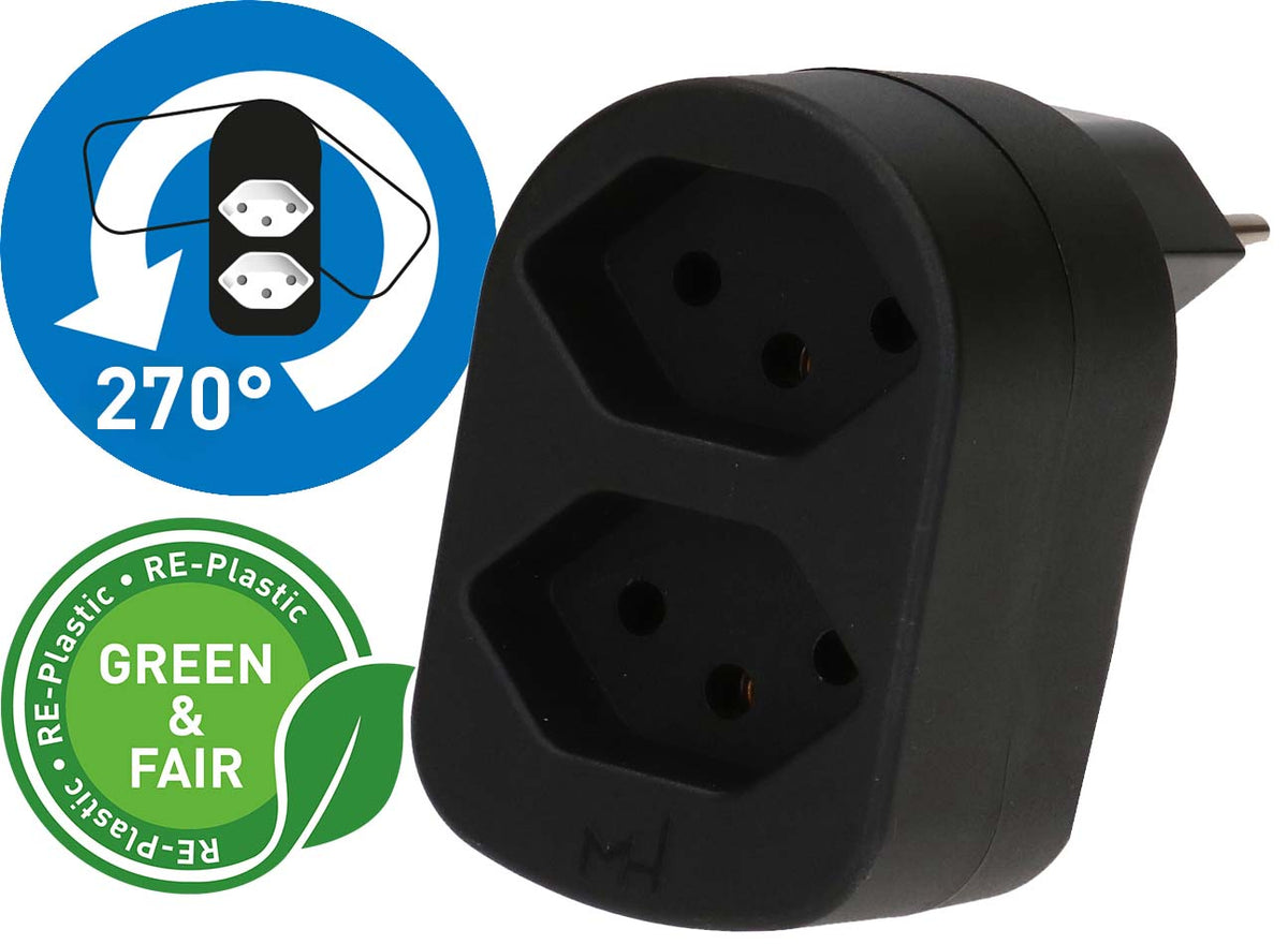 Max Hauri AG Abzweigstecker – Typ 12 zu 2× Typ 13, 230 V, 10 A, 2 Steckplätze, drehbar, Schwarz