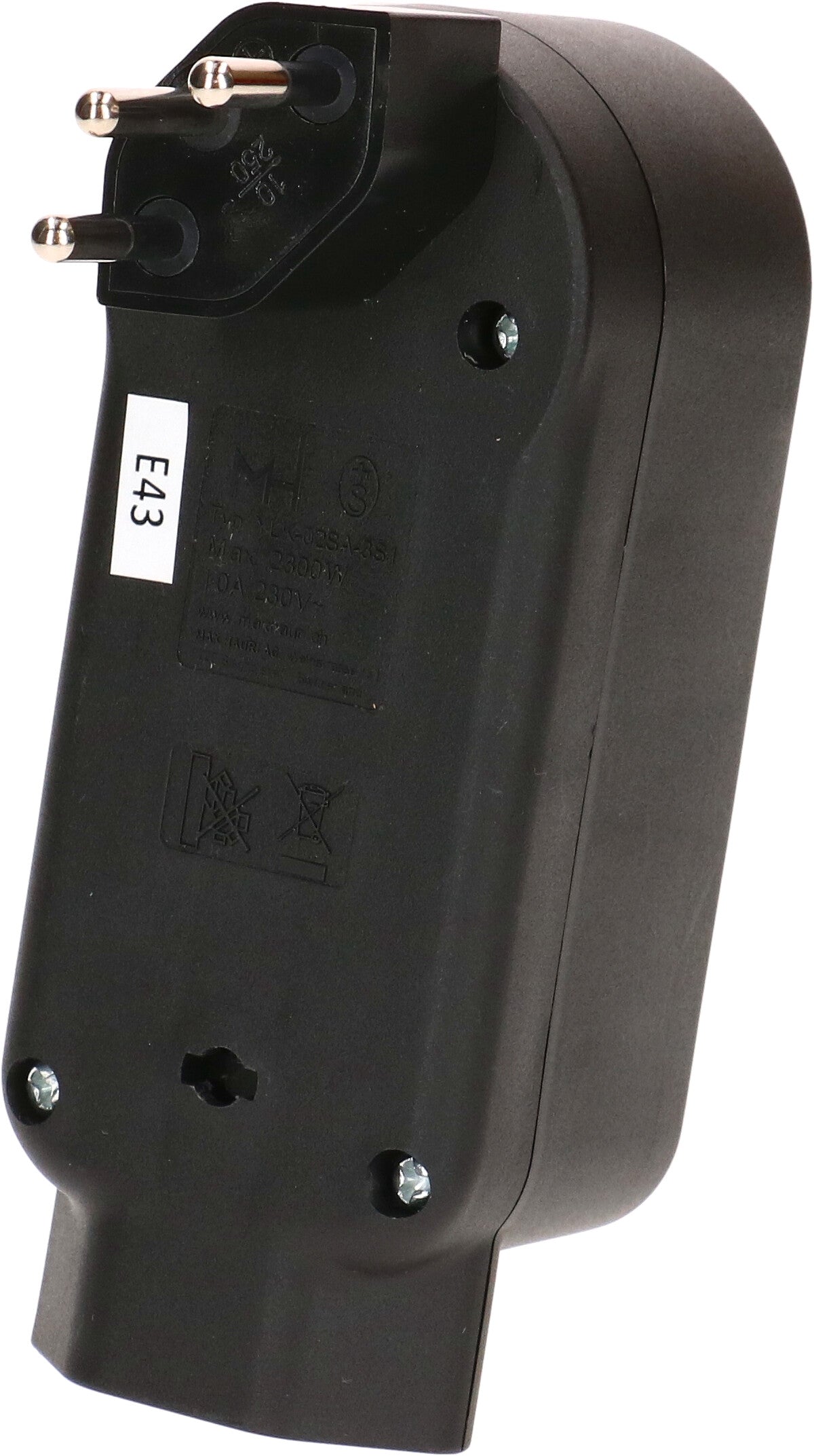 Max Hauri AG Abzweigstecker – T12 zu 4× T13 (3 vorne, 1 unten), 230 V, 10 A, 2300 W, drehbar 270°, Schwarz