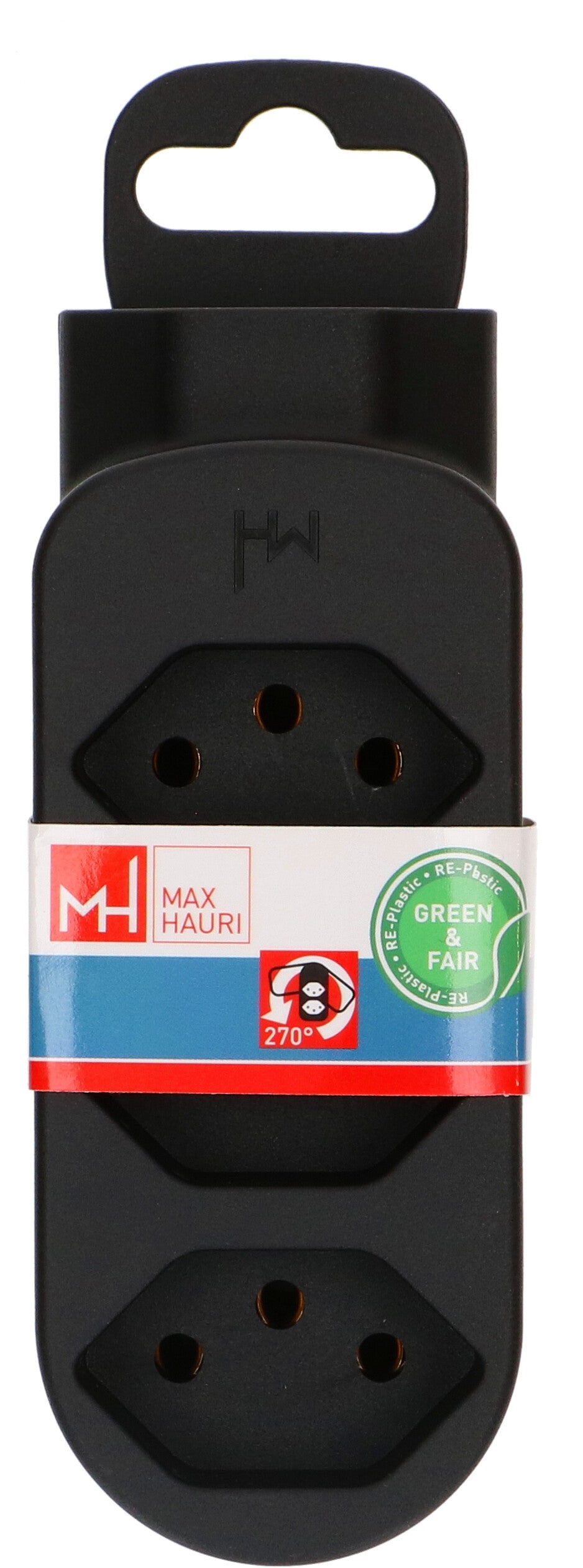 Max Hauri AG Abzweigstecker – T12 zu 4× T13 (3 vorne, 1 unten), 230 V, 10 A, 2300 W, drehbar 270°, Schwarz