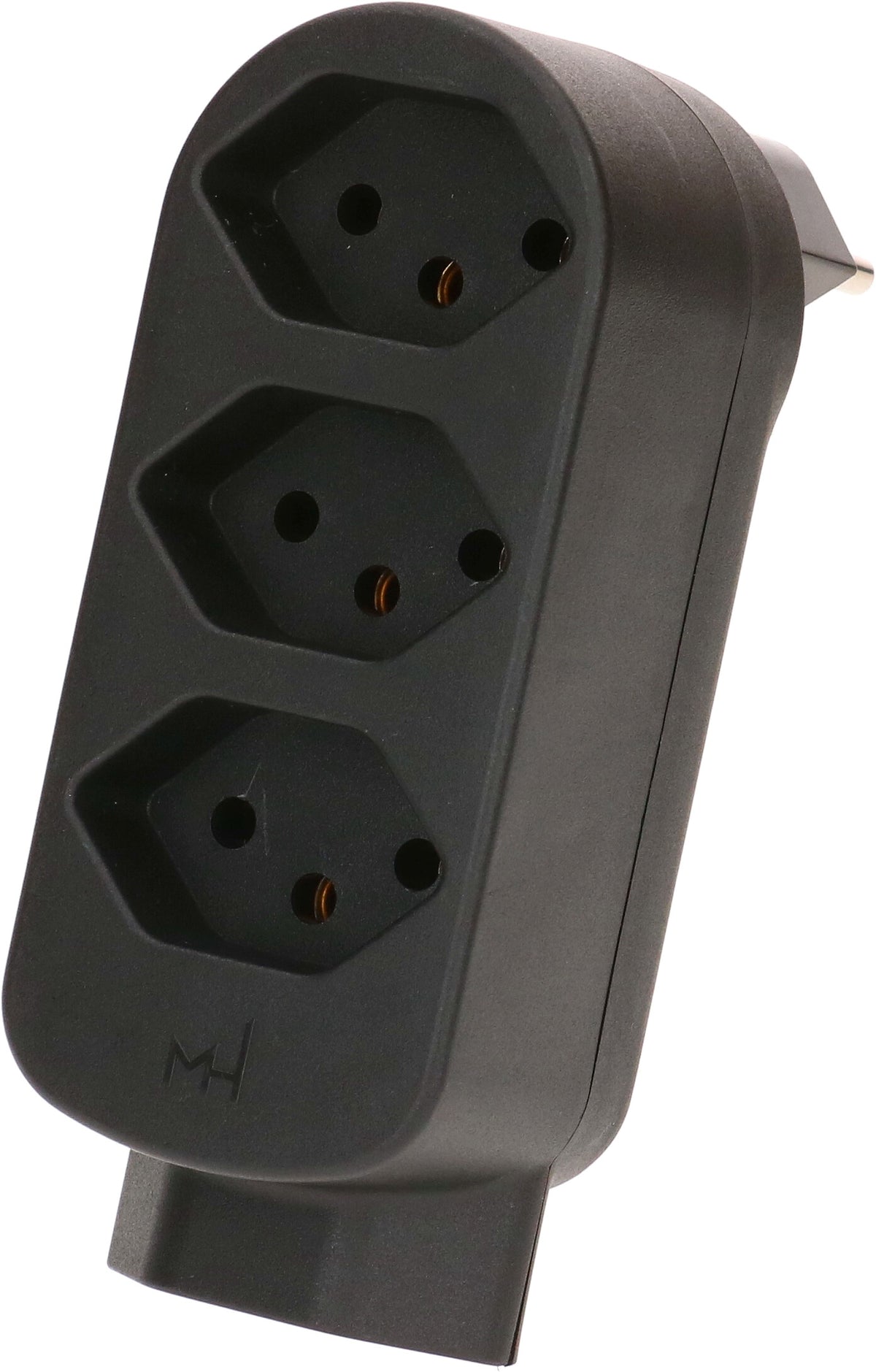 Max Hauri AG Abzweigstecker – T12 zu 4× T13 (3 vorne, 1 unten), 230 V, 10 A, 2300 W, drehbar 270°, Schwarz