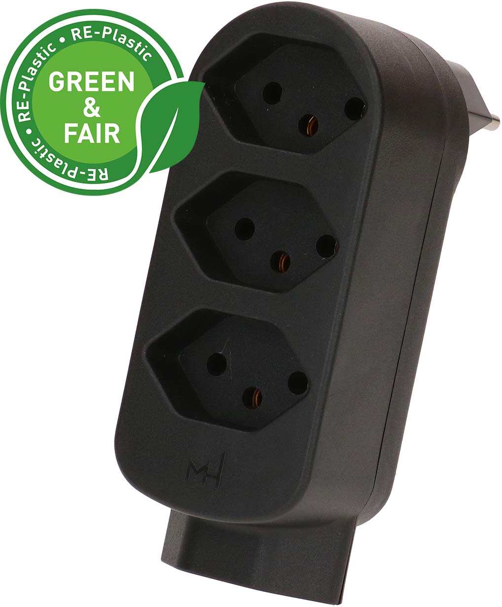 Max Hauri AG Abzweigstecker – T12 zu 4× T13 (3 vorne, 1 unten), 230 V, 10 A, 2300 W, drehbar 270°, Schwarz