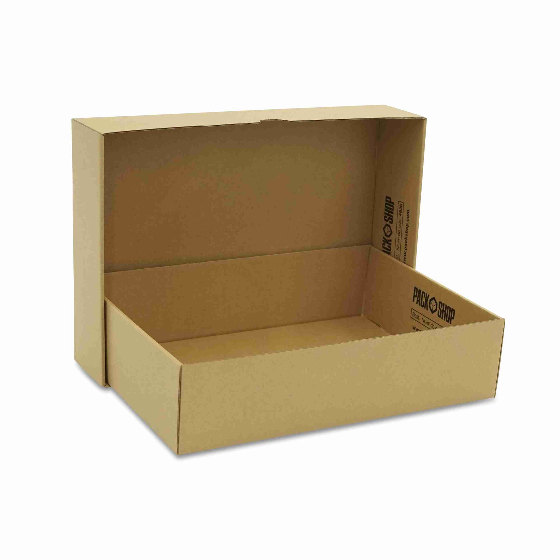 Model Stulpschachtel – 320 × 230 × 80 mm, braun, Wellkarton, Deckel – 1 Palette (1'350 Stk.)