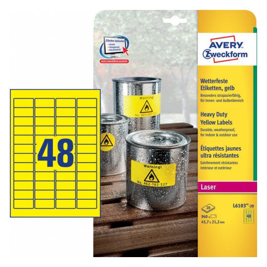 Avery Drucketiketten, 46 mm × 21 mm, gelb, Folie, extra stark, 20 Blatt (960 Etiketten)