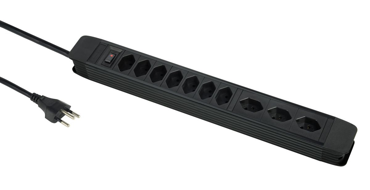 M. Schönenberger Schönenberger PRINCIPIO Steckdosenleiste, 10×T13, mit beleuchtetem Schalter, 2 m Kabel, Eingang T12 – schwarz