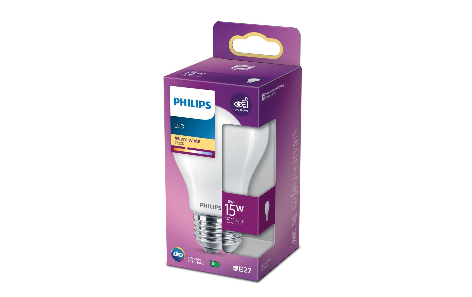 Philips by Signify Philips LED-Leuchtmittel E27 A60 – Warmweiss 2700 K, 150 lm, 1,5 W – 1 Stk. – Weiss, Glas
