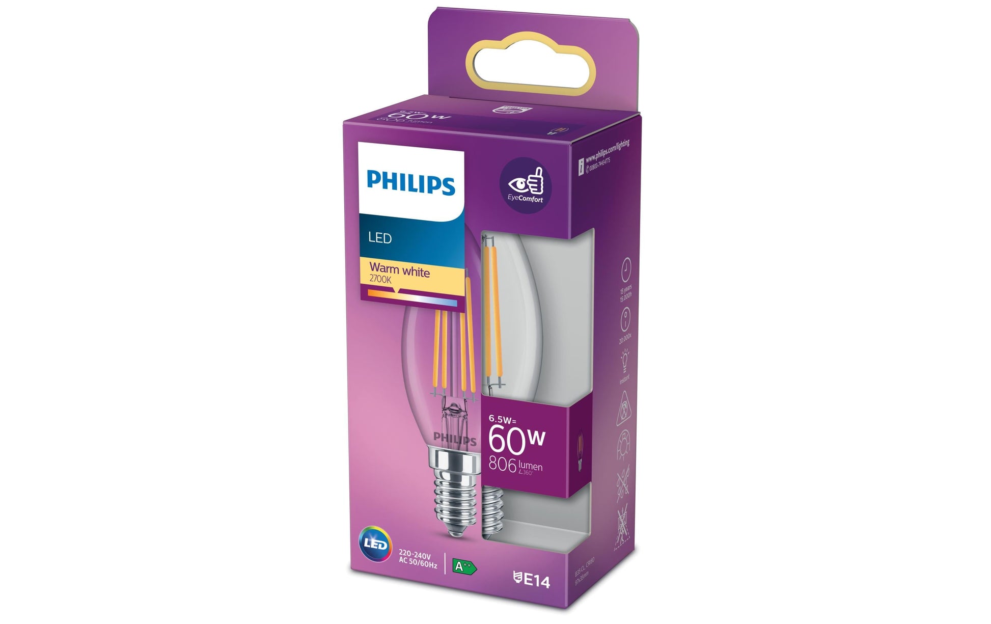 Philips by Signify Philips Leuchtmittel E14 B35 – 806 lm, 6,5 W, Warmweiss 2700 K – Klar (Glas) – 1 Stk. – LED classic