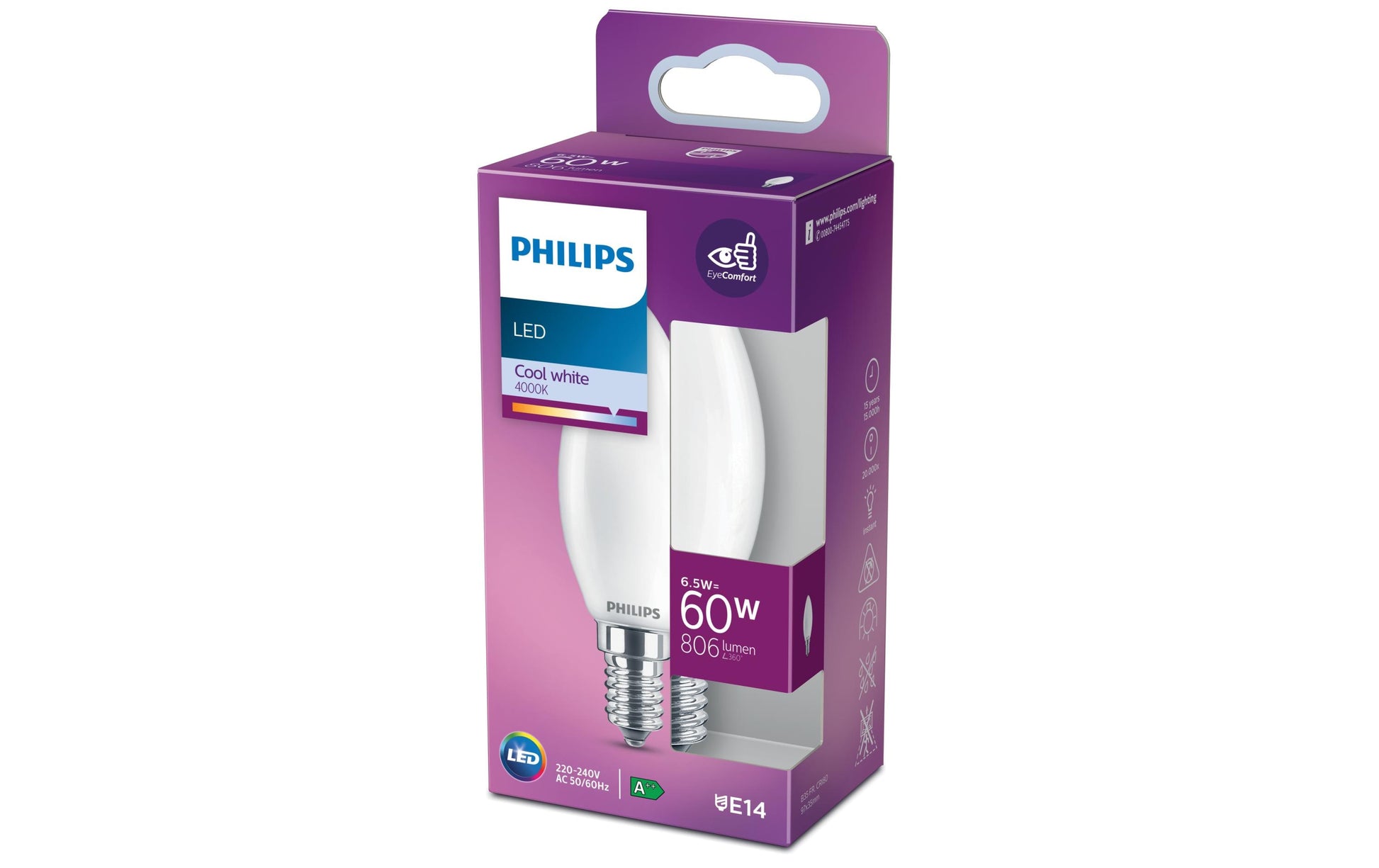 Philips by Signify Philips LED-Leuchtmittel E14 B35 – Neutralweiss 4000 K, 806 lm, 6,5 W – Matt, Weiss – 1 Stk.