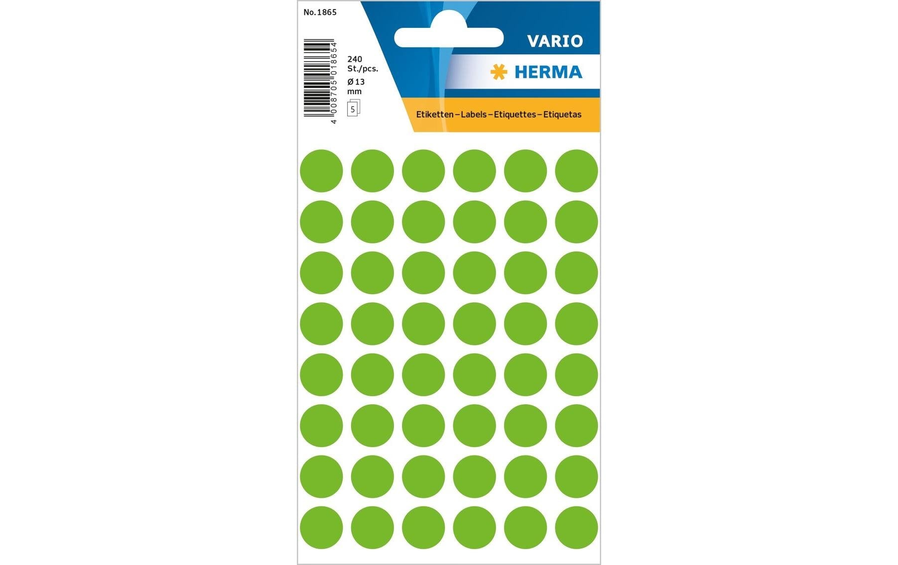 HERMA Vario Schuletiketten – Motiv Farbpunkte (grün) – Ø 13 mm, 240 Stk, 5 Bogen, Papier, permanent haftend