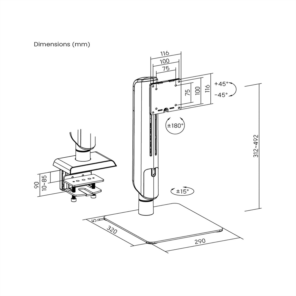 VALUE Monitorarm Tischhalterung – Klemme/Durchführung – 1 Monitor – 17–49" – VESA 75×75/100×100 mm – bis 18 kg