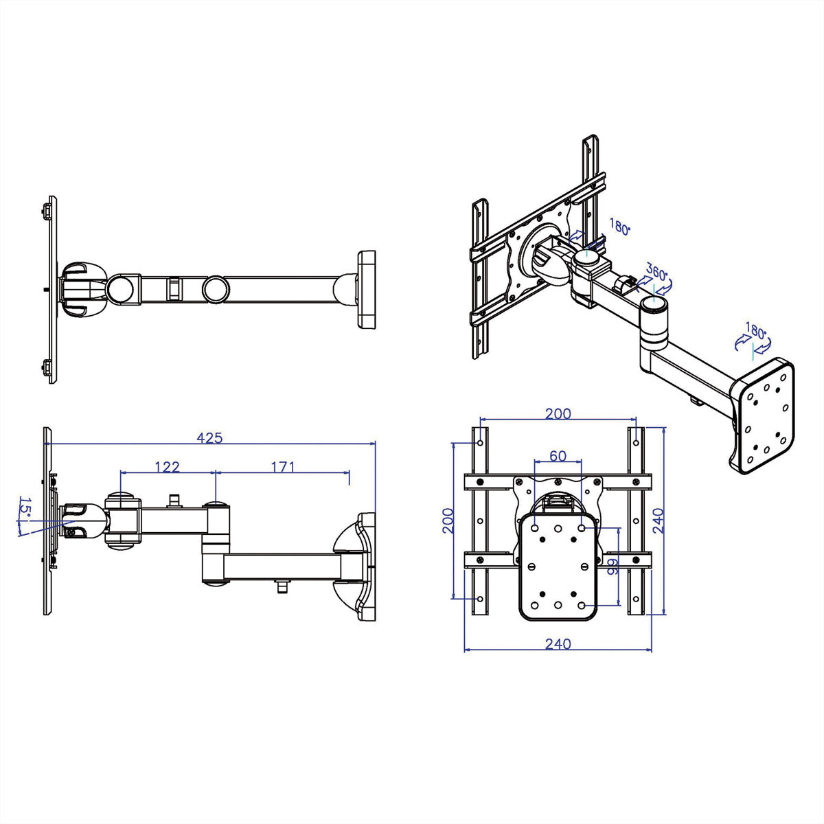 ROLINE Wandhalterung – Vollbeweglich – bis 55" – VESA 75×75–200×200 – bis 25 kg, Schwarz