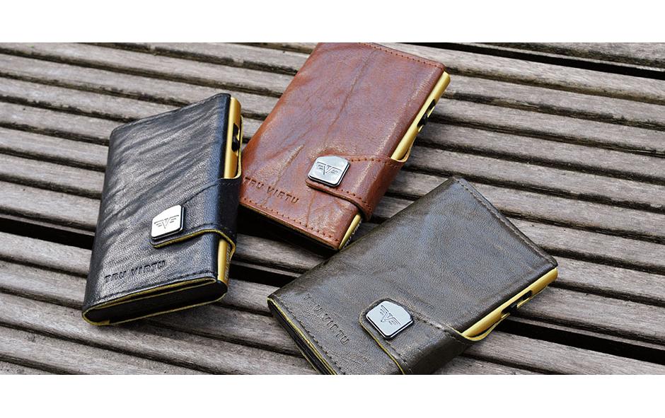 TRU VIRTU Kartenetui – RFID-Schutz, Druckknopf – 12 Karten, 99 × 21 × 67 mm – Schwarz – Aluminium/Leder