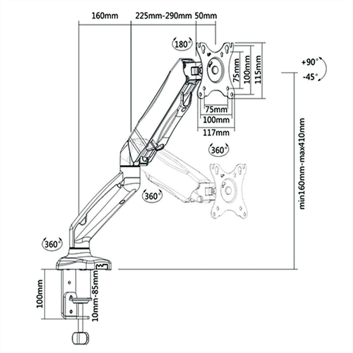 VALUE Monitorarm Tischhalterung – 13–27" – VESA 75×75/100×100 mm – bis 6,5 kg/Monitor – Gasfeder – Schwarz