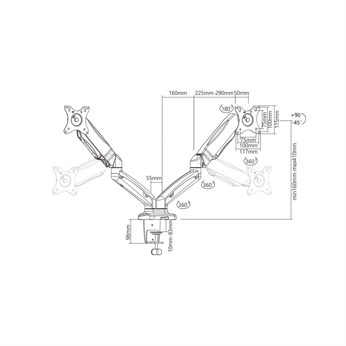 VALUE 17.99.1163 – Monitorarm Tischhalterung – Klemme/Durchführung – VESA 75×75/100×100 mm – Schwarz