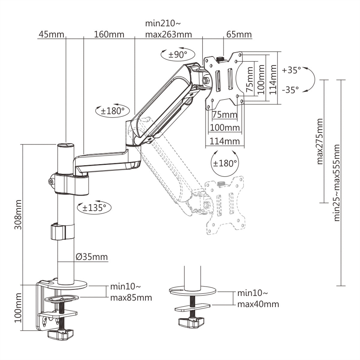 VALUE Monitorarm Tischhalterung – 17–32" – VESA 75×75/100×100 mm – bis 9 kg/Monitor – Gasfeder