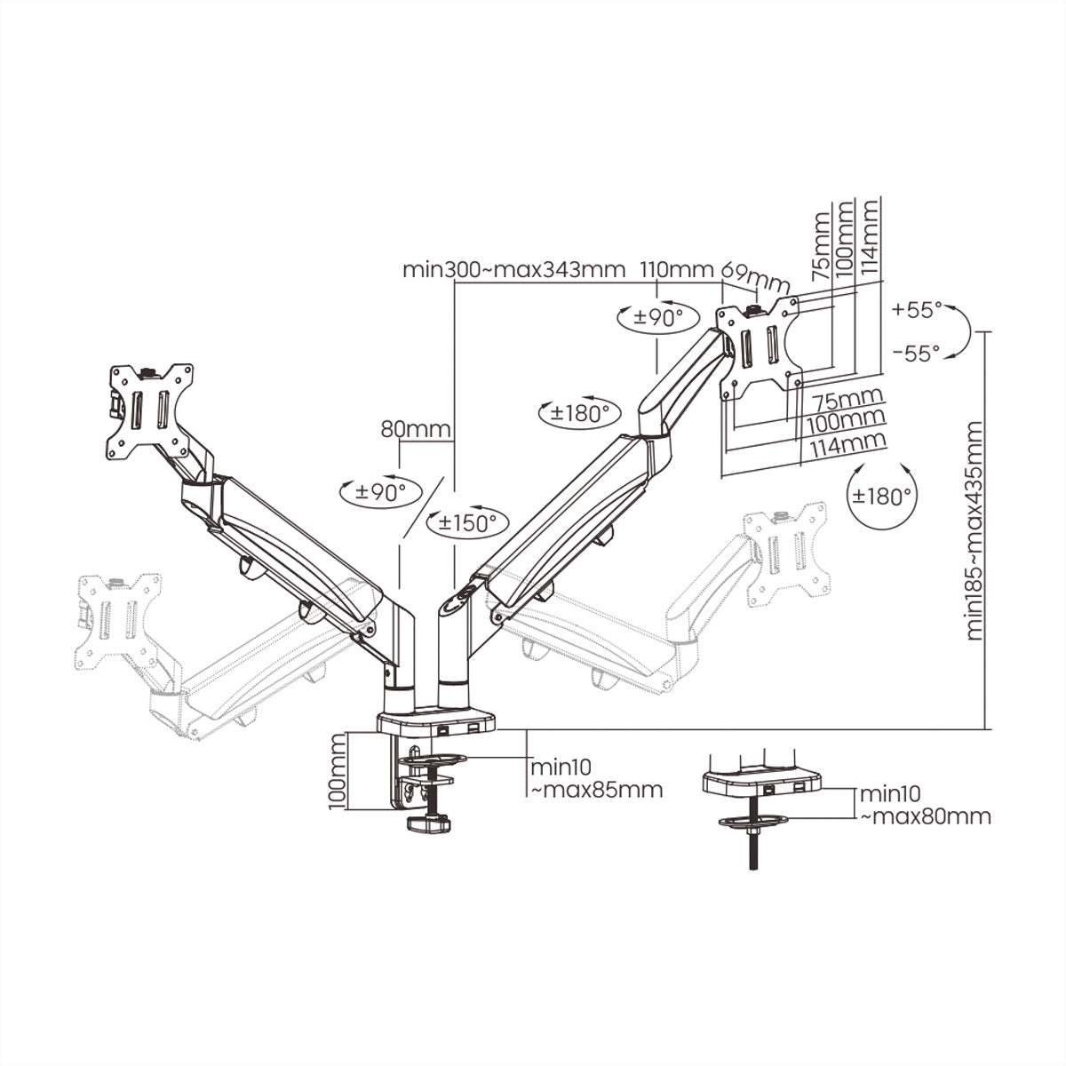 VALUE 17.99.1183 – Monitorarm Tischhalterung – 2 Monitore – 17–32" – VESA 75×75/100×100 mm – bis 18 kg/Monitor