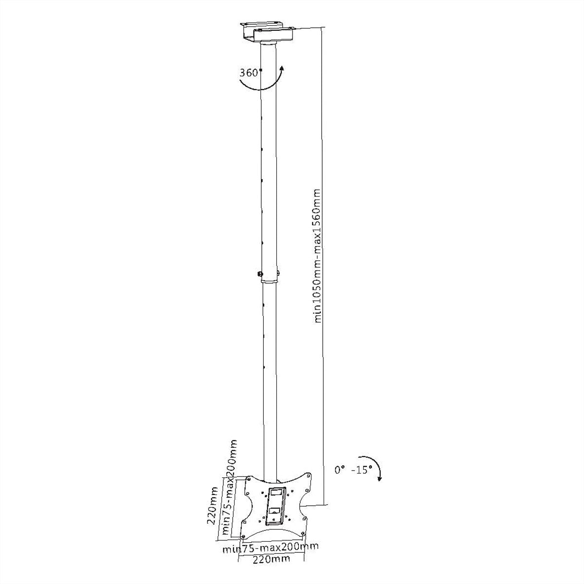 VALUE Deckenhalterung – bis 42" – VESA 75×75–200×200 – bis 50 kg, Teleskopmast, Höhenverstellbar – 17.99.1217