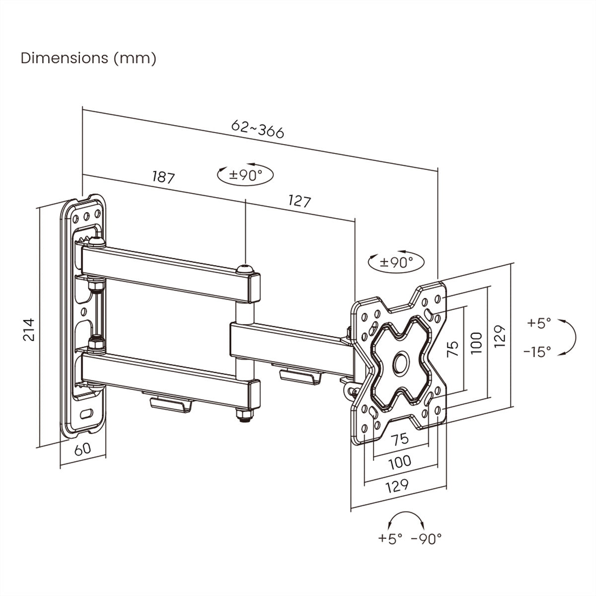 VALUE Wandhalterung – Vollbeweglich – 13–32" – VESA 75×75–100×100 – bis 20 kg, für TVs – Schwarz