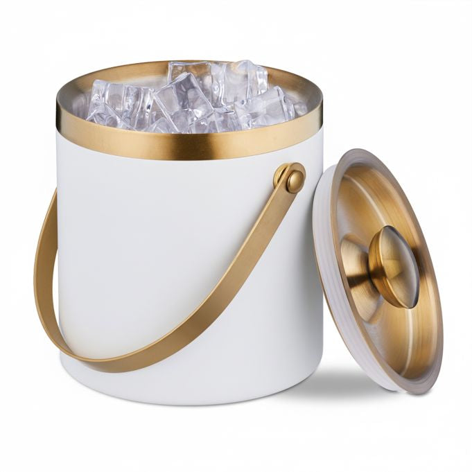 Relaxdays Eiswürfelbehälter – Ø 15 × 17 cm, 1,5 l, Edelstahl, Weiss, inkl. Deckel, Griffe, 100 Eiswürfel