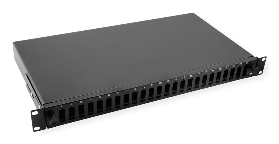 VALUE Spleissbox 19" – 1 HE, leer, Platz für max. 24× SC-Duplex oder 24× LC 4-fach, schwarz